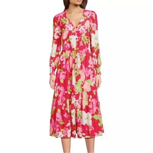 NWOT Lands End Long Sleeve Button Front Floral Midi Dress Size Medium